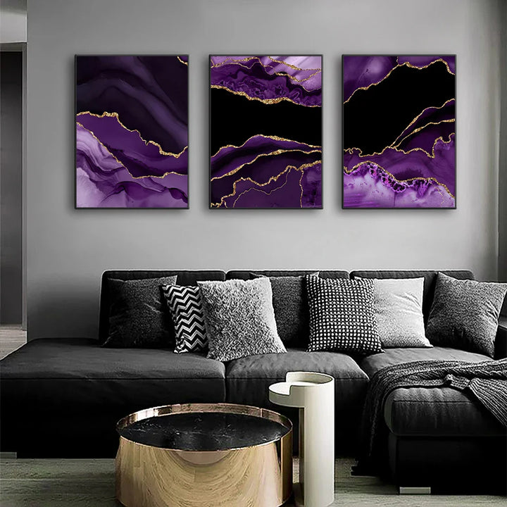 Modern Abstract Liquid Purple Black Marble Print Wall Art Fine Art Canvas Prints Pictures For Living Room Dining Room Home Office Art Decor | Bowlift