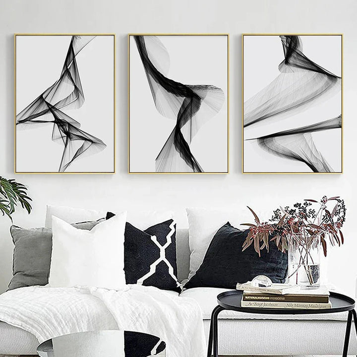 Modern Abstract Minimalist Geometric Flowing Lines Wall Art Fine Art Canvas Prints Black White Pictures For Modern Apartment Living Room Decor | Bowlift