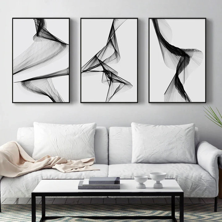 Modern Abstract Minimalist Geometric Flowing Lines Wall Art Fine Art Canvas Prints Black White Pictures For Modern Apartment Living Room Decor | Bowlift
