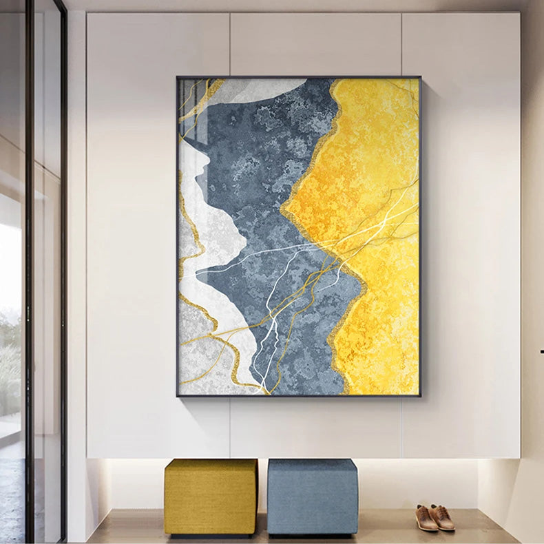 Modern Abstract Shades Of Grey Blue Yellow Wall Art Fine Art Canvas Prints Pictures For Modern Apartment Living Room Light Luxury Home Decor | Bowlift