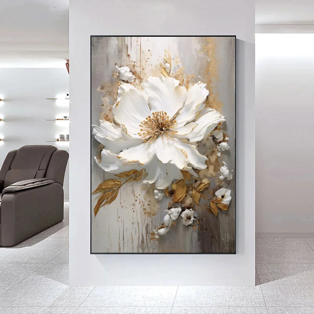 Modern Abstract White Floral Wall Art Fine Art Canvas Prints Light Luxury Botanical Pictures For Living Room Entrance Hallway Wall | Bowlift