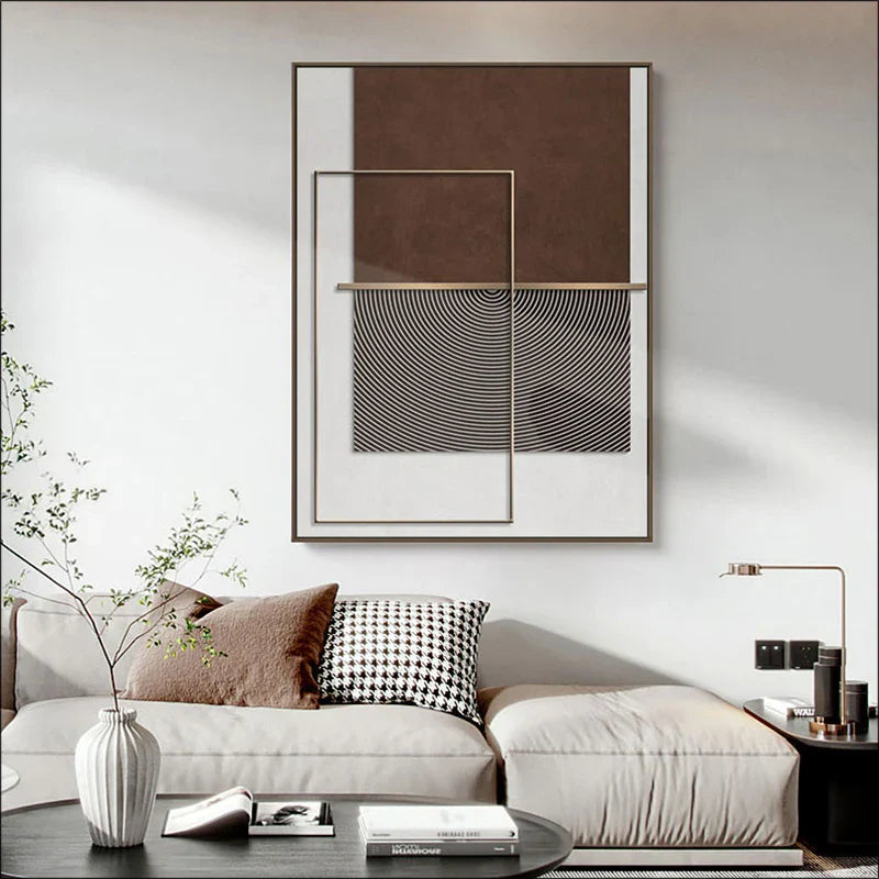 Modern Geometric Abstract Canvas Prints - Elegant Architectural Wall Art Featuring Circular Patterns, Vertical Lines and Shades Of Brown, Terracotta & Beige Golden Colored Accents | Bowlift