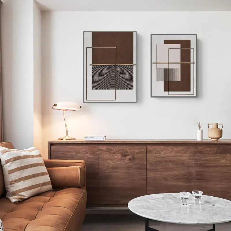 Modern Geometric Abstract Canvas Prints - Elegant Architectural Wall Art Featuring Circular Patterns, Vertical Lines and Shades Of Brown, Terracotta & Beige Golden Colored Accents | Bowlift