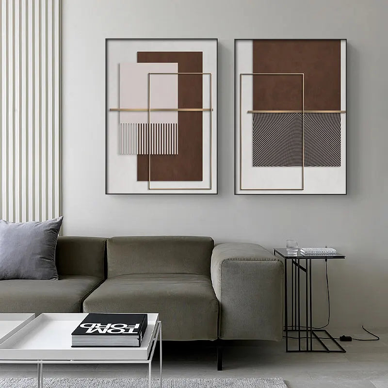 Modern Geometric Abstract Canvas Prints - Elegant Architectural Wall Art Featuring Circular Patterns, Vertical Lines and Shades Of Brown, Terracotta & Beige Golden Colored Accents | Bowlift