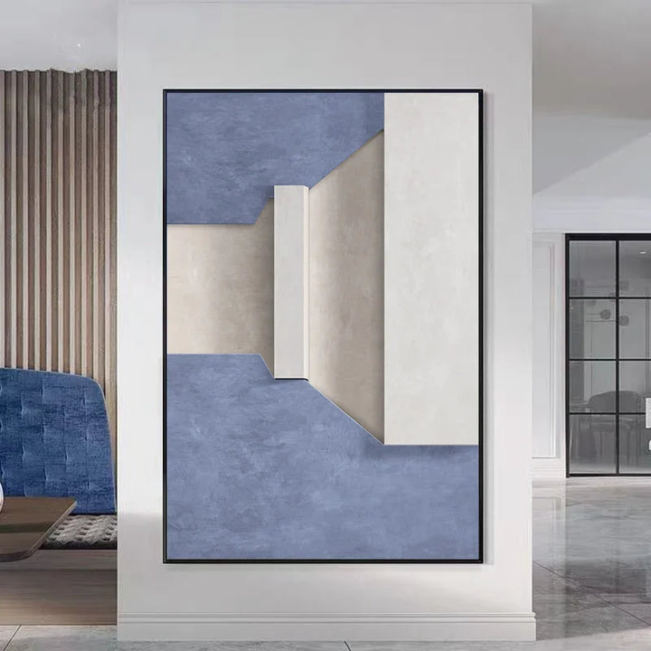Modern Minimalist Abstract Geometric Canvas Print Wall Art - Three-Dimensional Design in Blue, Beige, and White - Contemporary Wall Art for Home or Office Decor | Bowlift