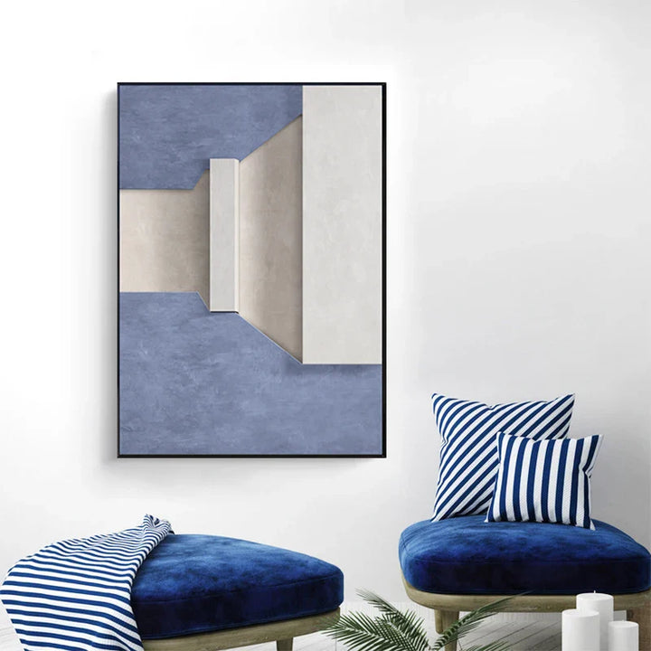 Modern Minimalist Abstract Geometric Canvas Print Wall Art - Three-Dimensional Design in Blue, Beige, and White - Contemporary Wall Art for Home or Office Decor | Bowlift
