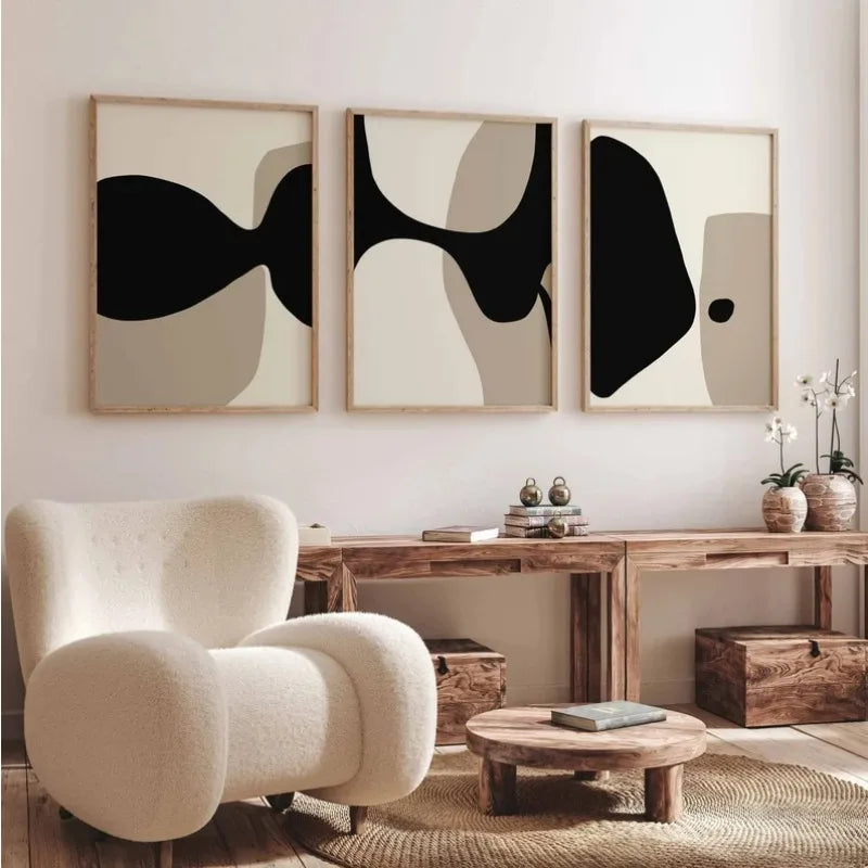 Modern Black Beige Shapely Abstract Wall Art Fine Art Canvas Prints Pictures For Living Room Bedroom Art For Contemporary Interiors | Bowlift