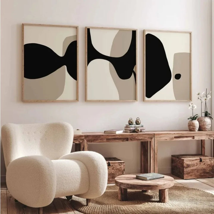 Modern Black Beige Shapely Abstract Wall Art Fine Art Canvas Prints Pictures For Living Room Bedroom Art For Contemporary Interiors | Bowlift