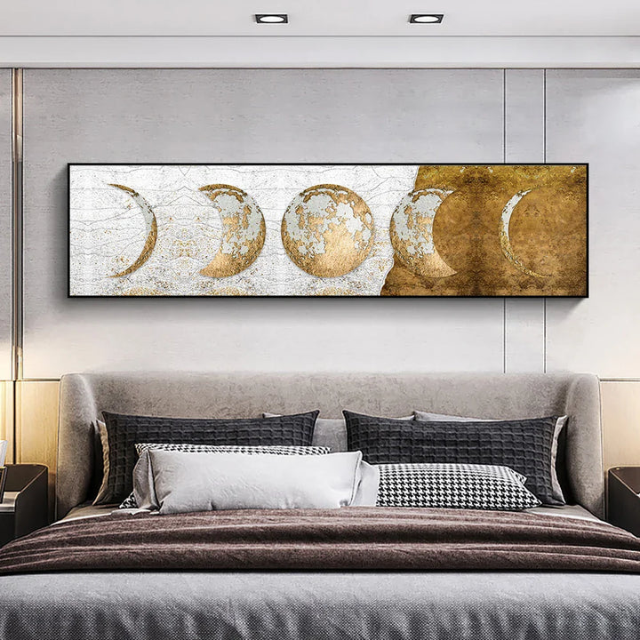 Modern Rustic Golden Moon Phases Wall Art Fine Art Canvas Prints Wide Format Pictures For Above The Bed Wide Pictures For Above The Sofa | Bowlift
