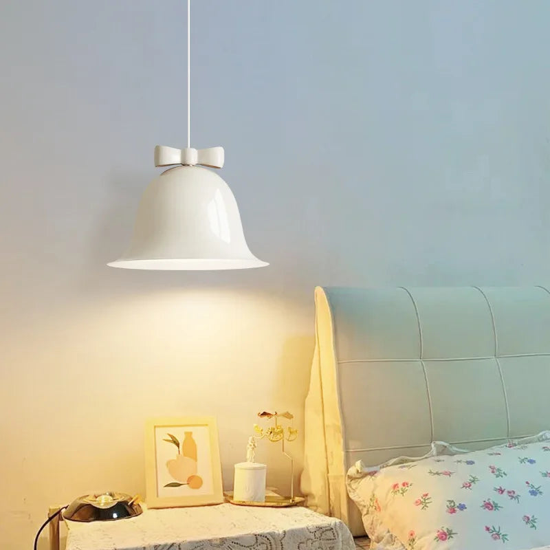 Modern bell-shaped pendant light with bow, designer hanging lamp for dining room & kitchen | Bowlift