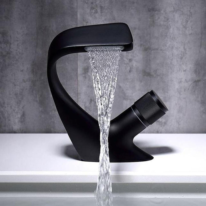 BowLift | AQUACASCADE Basin Tap – Modern Waterfall Bathroom Mixer Tap in Solid Brass