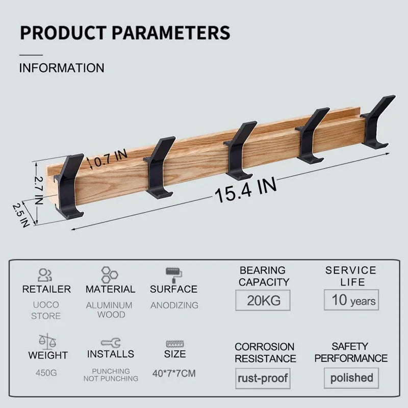 BowLift | Wall-Mounted Coat Rack with Movable Double Hooks – Black Nordic Design – Wood & Aluminium – 40x7x7cm