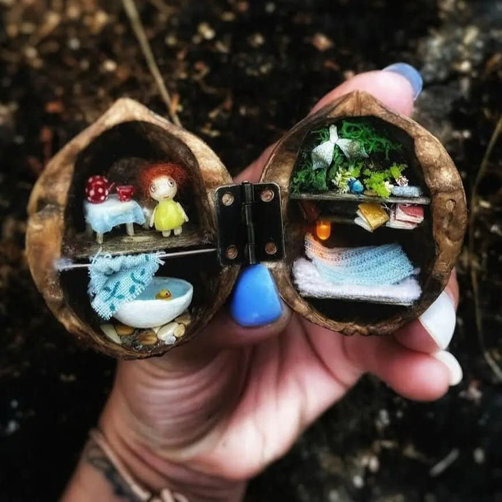 BowLift | Handmade dollhouse made from walnut shells with interior lighting