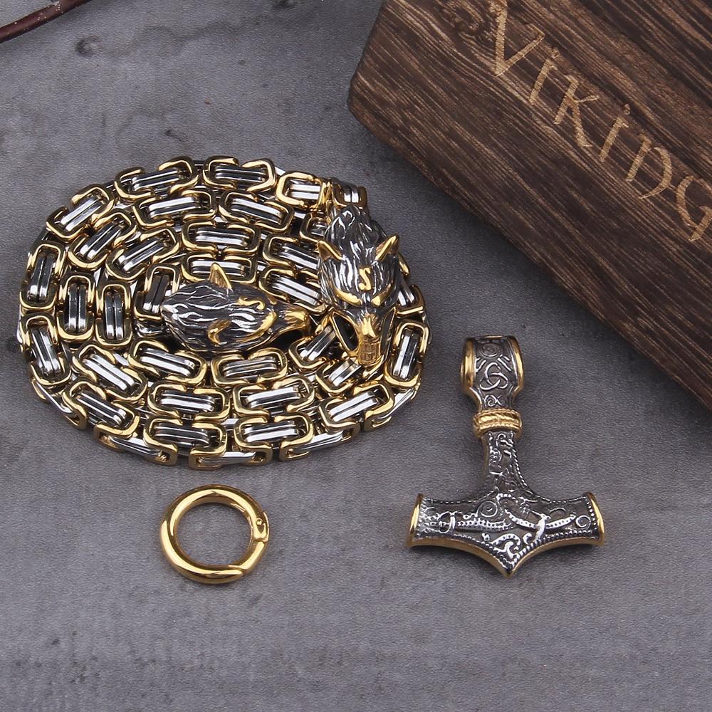 BowLift | Stainless steel necklace with double wolf head and Mjolnir pendant – Adjustable length 60-90 cm