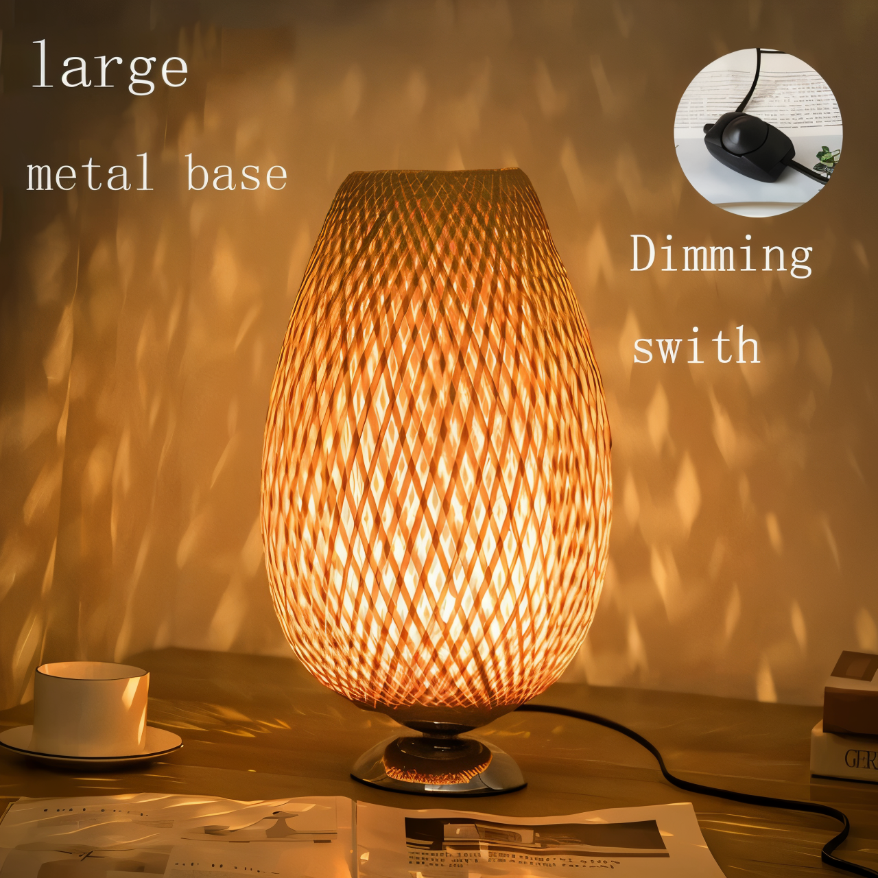BowLift | NatureHue – Vintage Bamboo Table Lamp – Creative Woven Rattan Desk Light
