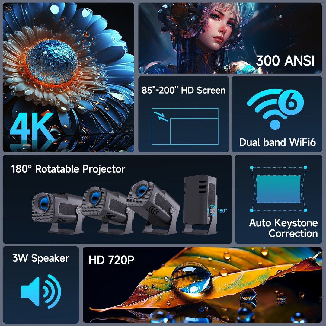 BowLift | CineBeam 4K Mini Projector – Portable Home Cinema with 180° Rotation