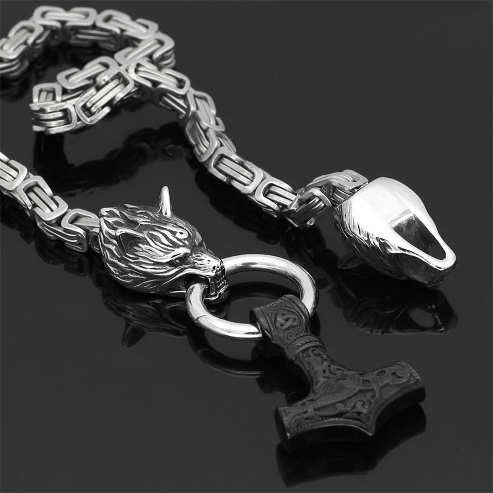 BowLift | 60–90 cm Stainless Steel Double Wolf Head & Mjolnir Survival Spirit Necklace/Bracelet