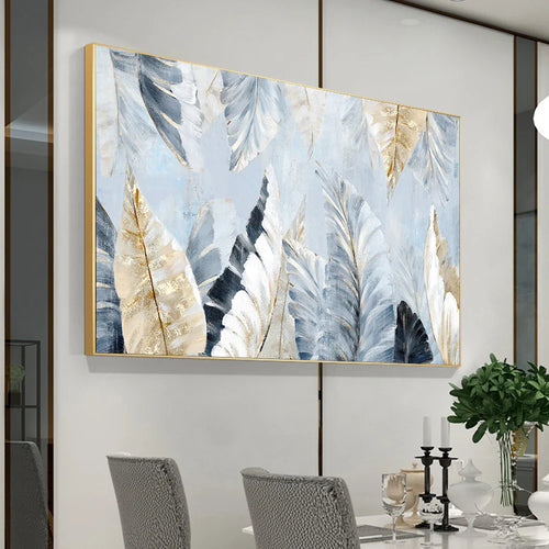Nordic Abstract Blue Golden Palm Leaves & Feathers Wall Art Fine Art Canvas Prints Modern Abstract Botanic Pictures For Living Room Bedroom Art Decor | Bowlift