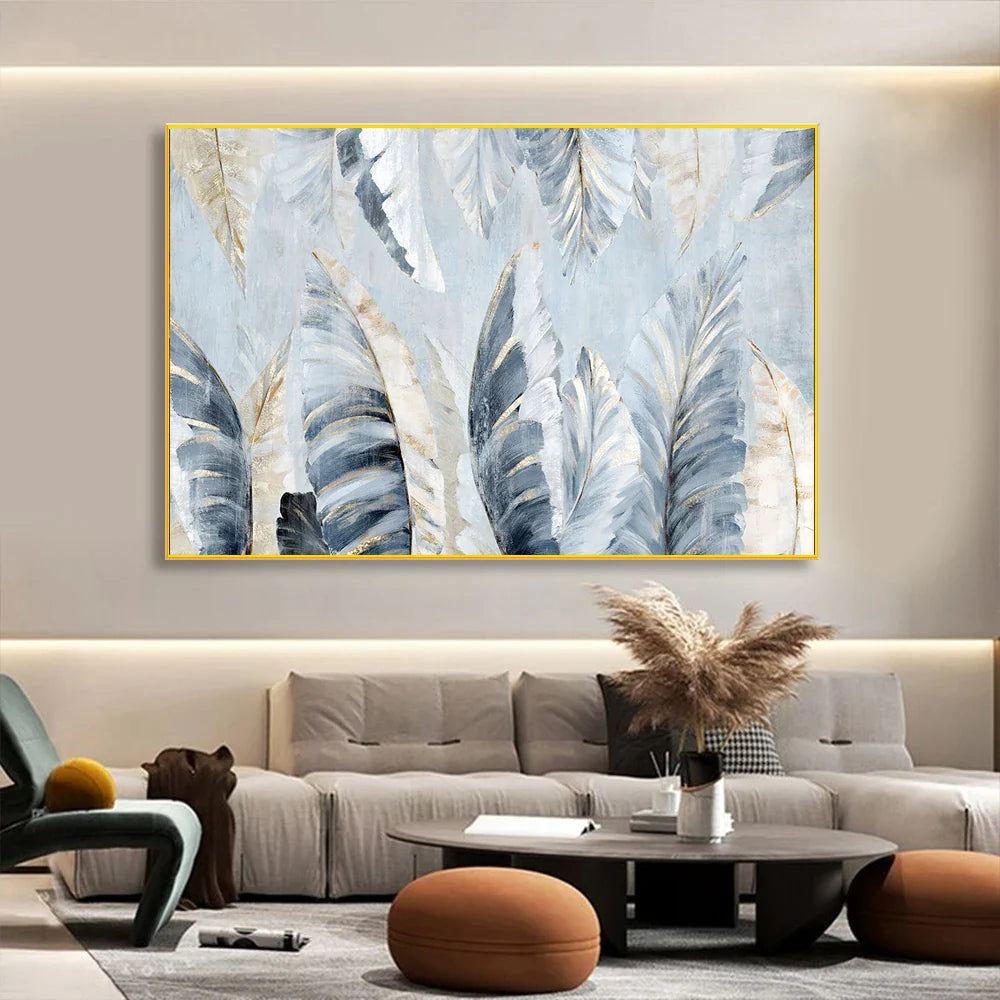 Nordic Abstract Blue Golden Palm Leaves & Feathers Wall Art Fine Art Canvas Prints Modern Abstract Botanic Pictures For Living Room Bedroom Art Decor | Bowlift
