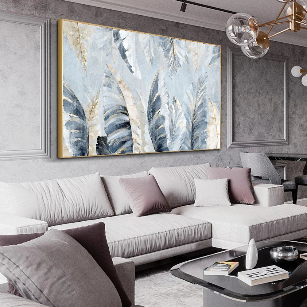 Nordic Abstract Blue Golden Palm Leaves & Feathers Wall Art Fine Art Canvas Prints Modern Abstract Botanic Pictures For Living Room Bedroom Art Decor | Bowlift
