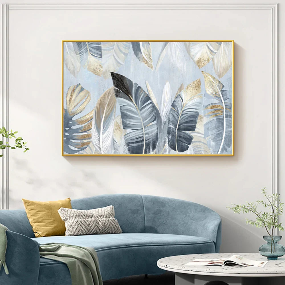 Nordic Abstract Blue Golden Palm Leaves & Feathers Wall Art Fine Art Canvas Prints Modern Abstract Botanic Pictures For Living Room Bedroom Art Decor | Bowlift
