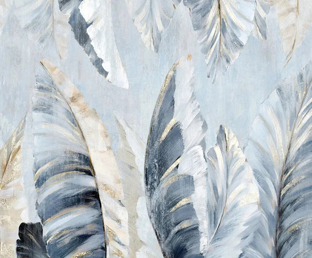 Nordic Abstract Blue Golden Palm Leaves & Feathers Wall Art Fine Art Canvas Prints Modern Abstract Botanic Pictures For Living Room Bedroom Art Decor | Bowlift