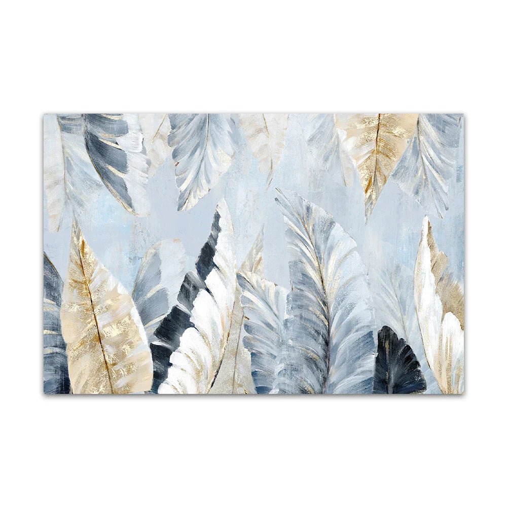 Nordic Abstract Blue Golden Palm Leaves & Feathers Wall Art Fine Art Canvas Prints Modern Abstract Botanic Pictures For Living Room Bedroom Art Decor | Bowlift