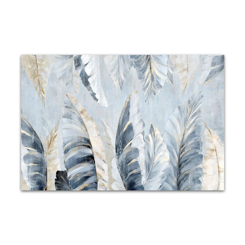 Nordic Abstract Blue Golden Palm Leaves & Feathers Wall Art Fine Art Canvas Prints Modern Abstract Botanic Pictures For Living Room Bedroom Art Decor | Bowlift