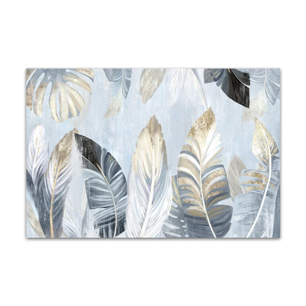 Nordic Abstract Blue Golden Palm Leaves & Feathers Wall Art Fine Art Canvas Prints Modern Abstract Botanic Pictures For Living Room Bedroom Art Decor | Bowlift