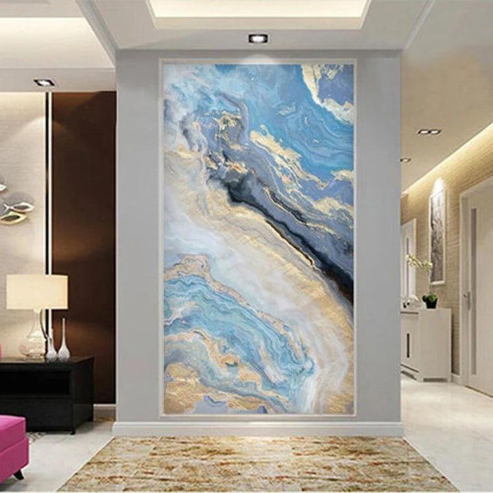 Nordic Aqua Blue Green Golden Liquid Marble Print Wall Art Fine Art Canvas Prints Pictures For Luxury Living Room Foyer Hotel Room Decor | Bowlift