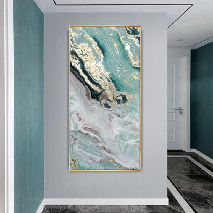 Nordic Aqua Blue Green Golden Liquid Marble Print Wall Art Fine Art Canvas Prints Pictures For Luxury Living Room Foyer Hotel Room Decor | Bowlift