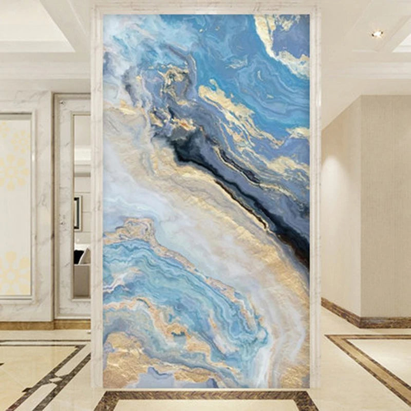 Nordic Aqua Blue Green Golden Liquid Marble Print Wall Art Fine Art Canvas Prints Pictures For Luxury Living Room Foyer Hotel Room Decor | Bowlift