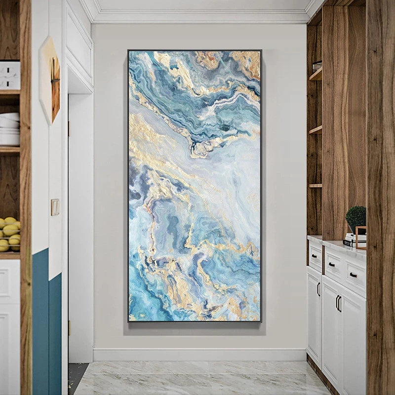 Nordic Aqua Blue Green Golden Liquid Marble Print Wall Art Fine Art Canvas Prints Pictures For Luxury Living Room Foyer Hotel Room Decor | Bowlift
