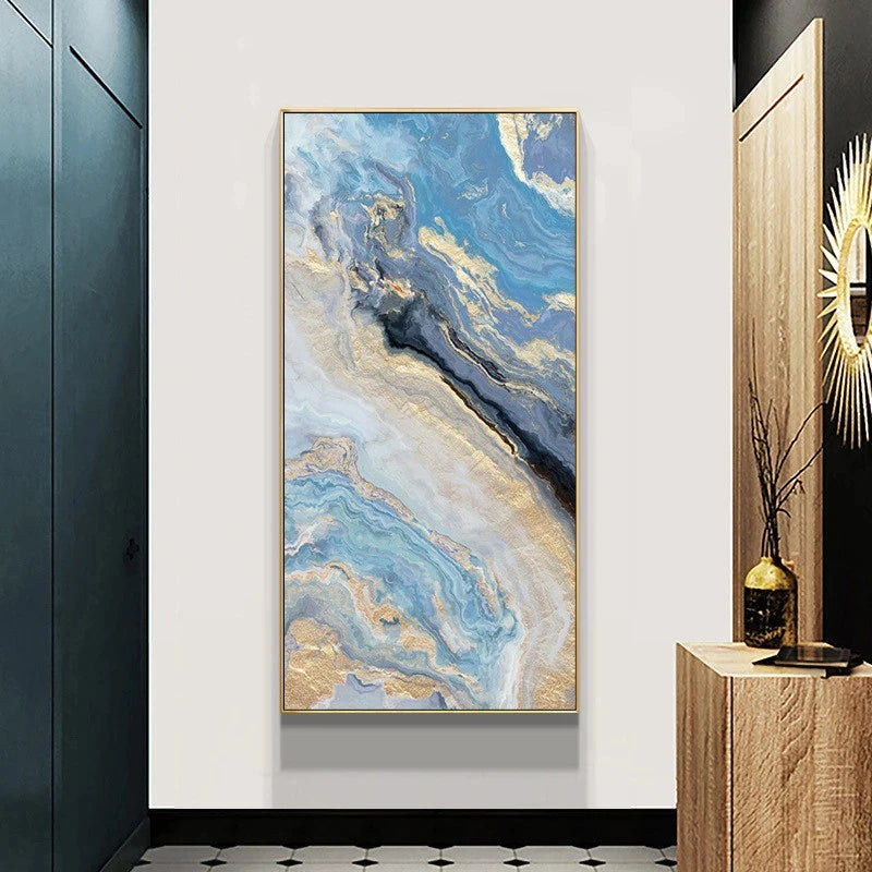 Nordic Aqua Blue Green Golden Liquid Marble Print Wall Art Fine Art Canvas Prints Pictures For Luxury Living Room Foyer Hotel Room Decor | Bowlift