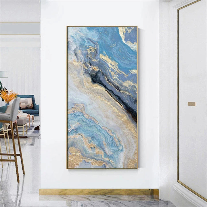 Nordic Aqua Blue Green Golden Liquid Marble Print Wall Art Fine Art Canvas Prints Pictures For Luxury Living Room Foyer Hotel Room Decor | Bowlift