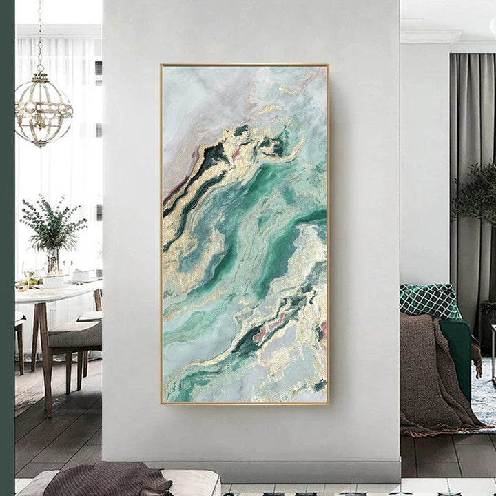 Nordic Aqua Blue Green Golden Liquid Marble Print Wall Art Fine Art Canvas Prints Pictures For Luxury Living Room Foyer Hotel Room Decor | Bowlift