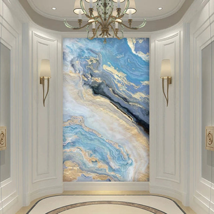 Nordic Aqua Blue Green Golden Liquid Marble Print Wall Art Fine Art Canvas Prints Pictures For Luxury Living Room Foyer Hotel Room Decor | Bowlift