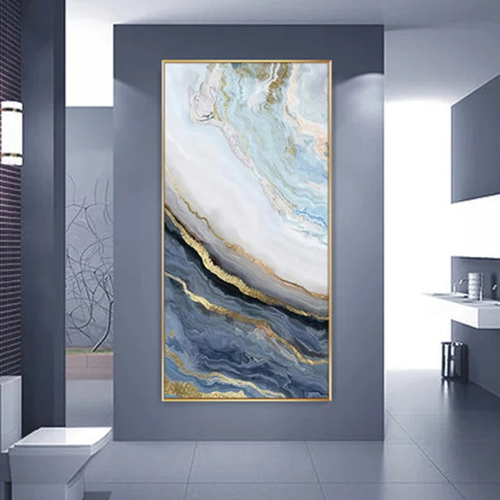 Nordic Aqua Blue Green Golden Liquid Marble Print Wall Art Fine Art Canvas Prints Pictures For Luxury Living Room Foyer Hotel Room Decor | Bowlift