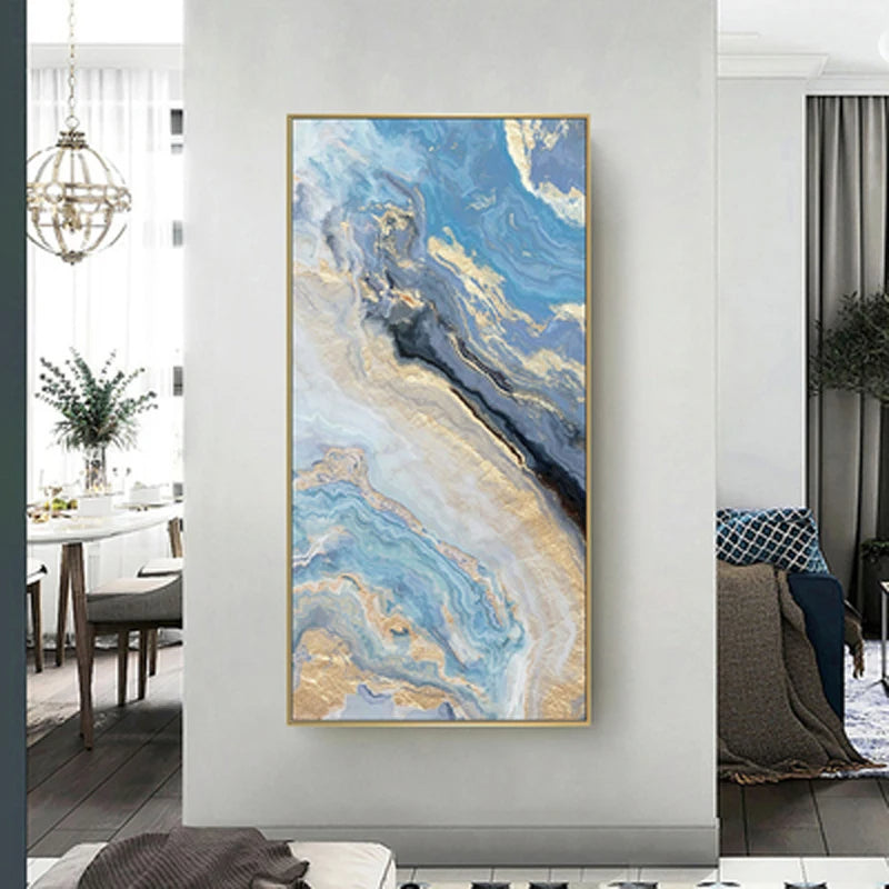 Nordic Aqua Blue Green Golden Liquid Marble Print Wall Art Fine Art Canvas Prints Pictures For Luxury Living Room Foyer Hotel Room Decor | Bowlift