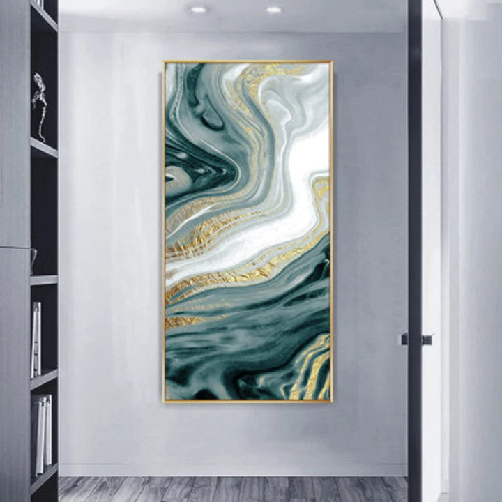 Nordic Aqua Blue Green Golden Liquid Marble Print Wall Art Fine Art Canvas Prints Pictures For Luxury Living Room Foyer Hotel Room Decor | Bowlift