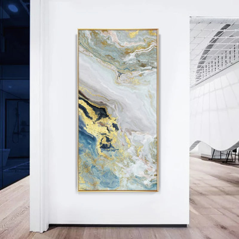 Nordic Aqua Blue Green Golden Liquid Marble Print Wall Art Fine Art Canvas Prints Pictures For Luxury Living Room Foyer Hotel Room Decor | Bowlift
