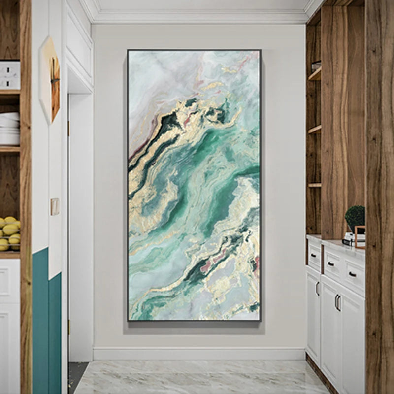 Nordic Aqua Blue Green Golden Liquid Marble Print Wall Art Fine Art Canvas Prints Pictures For Luxury Living Room Foyer Hotel Room Decor | Bowlift