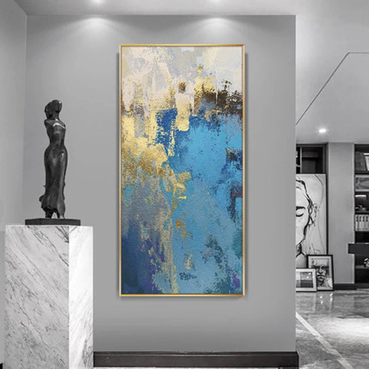 Nordic Aqua Blue Green Golden Liquid Marble Print Wall Art Fine Art Canvas Prints Pictures For Luxury Living Room Foyer Hotel Room Decor | Bowlift