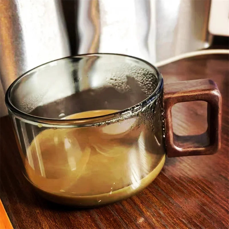 Nordic Glass Coffee Mug Tea Cup with Wooden Handle Set - Elegant Transparent Glass, Square Wooden Handle, Matching Spoon, and Optional Coaster | Bowlift
