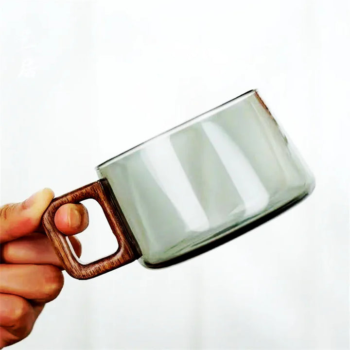 Nordic Glass Coffee Mug Tea Cup with Wooden Handle Set - Elegant Transparent Glass, Square Wooden Handle, Matching Spoon, and Optional Coaster | Bowlift