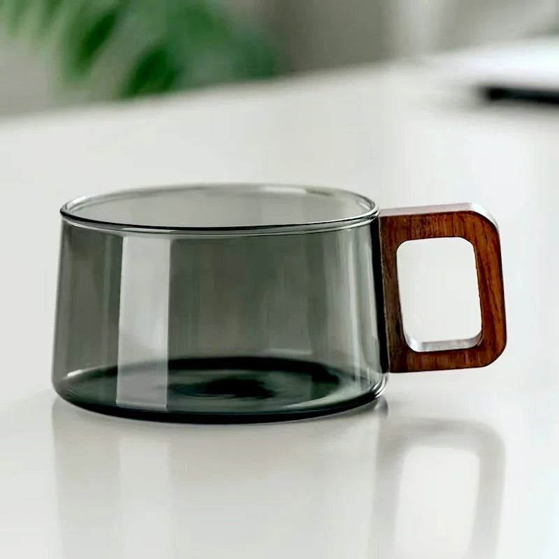 Nordic Glass Coffee Mug Tea Cup with Wooden Handle Set - Elegant Transparent Glass, Square Wooden Handle, Matching Spoon, and Optional Coaster | Bowlift