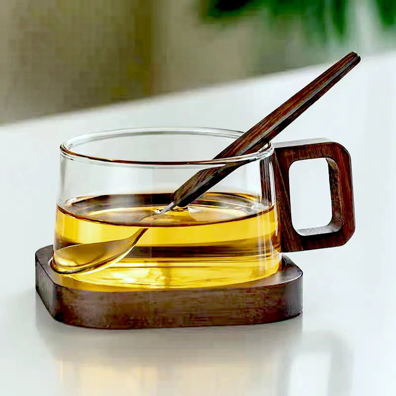 Nordic Glass Coffee Mug Tea Cup with Wooden Handle Set - Elegant Transparent Glass, Square Wooden Handle, Matching Spoon, and Optional Coaster | Bowlift