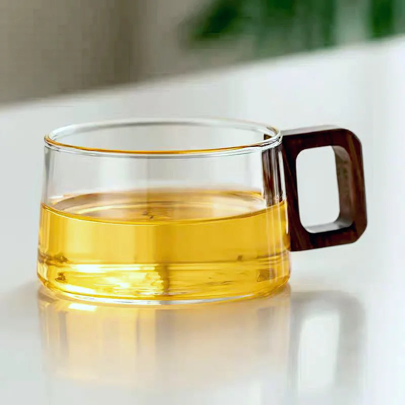 Nordic Glass Coffee Mug Tea Cup with Wooden Handle Set - Elegant Transparent Glass, Square Wooden Handle, Matching Spoon, and Optional Coaster | Bowlift