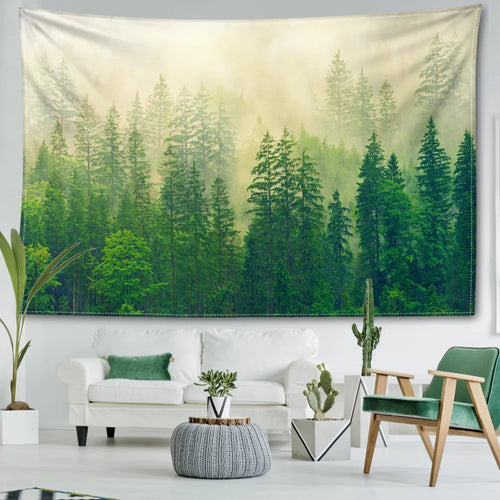 Nordic Hanging Tapestry Wall Decoration 100% Polyester Printed Misty Forest Landscape Tapestries Inspirational Pictures Of Calm For Living Room Decor | Bowlift
