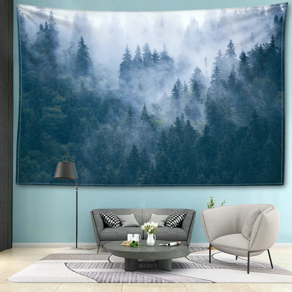 Nordic Hanging Tapestry Wall Decoration 100% Polyester Printed Misty Forest Landscape Tapestries Inspirational Pictures Of Calm For Living Room Decor | Bowlift
